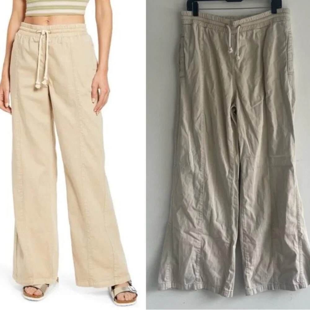 Free People We the Free Khaki High Waist Drawstring Wide Leg Pants 22456